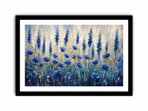 Abstract blue floral meadow painting with textured brushstrokes and soft neutral background