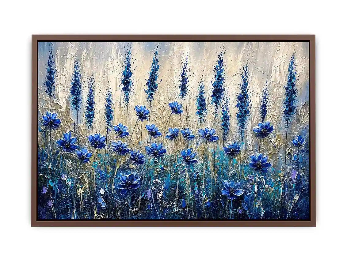 Abstract blue floral meadow painting with textured brushstrokes and soft neutral background