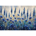 Abstract blue floral meadow painting with textured brushstrokes and soft neutral background