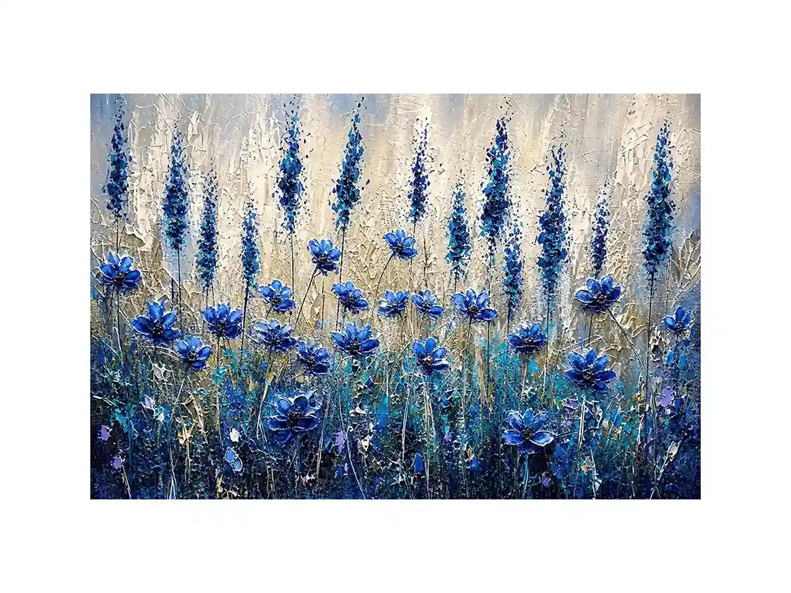 Abstract blue floral meadow painting with textured brushstrokes and soft neutral background
