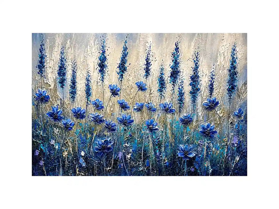 Abstract blue floral meadow painting with textured brushstrokes and soft neutral background