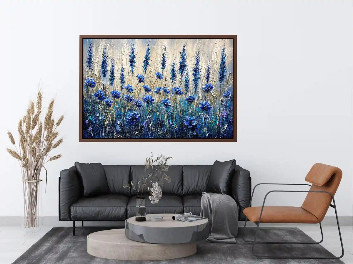 Abstract blue floral meadow painting with textured brushstrokes and soft neutral background