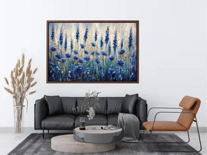 Abstract blue floral meadow painting with textured brushstrokes and soft neutral background