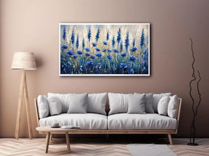 Abstract blue floral meadow painting with textured brushstrokes and soft neutral background