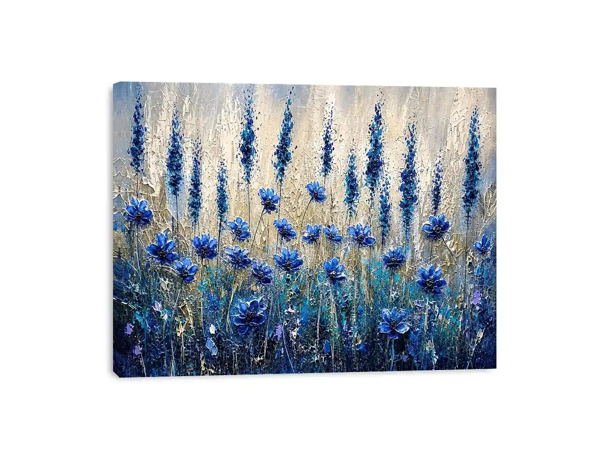 Abstract blue floral meadow painting with textured brushstrokes and soft neutral background