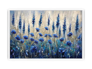 Abstract blue floral meadow painting with textured brushstrokes and soft neutral background