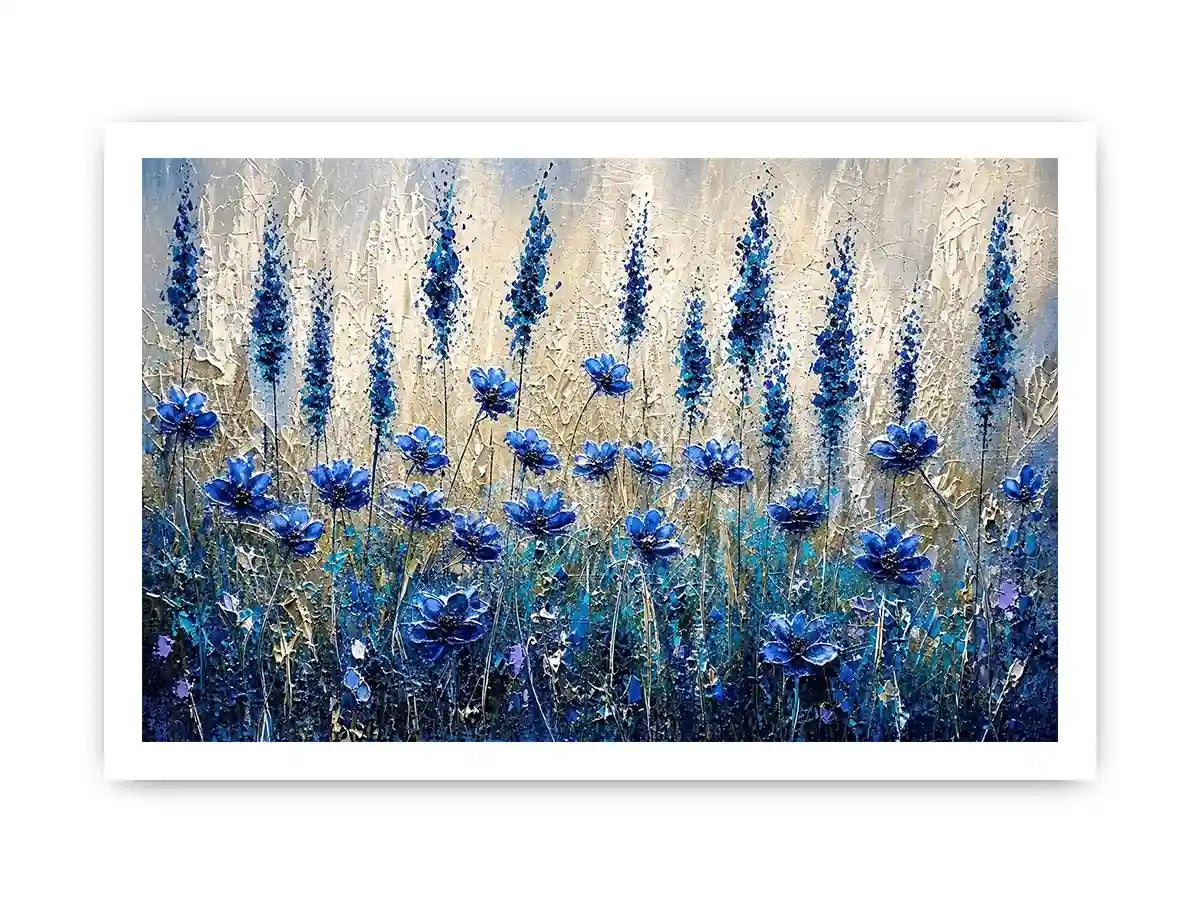 Abstract blue floral meadow painting with textured brushstrokes and soft neutral background