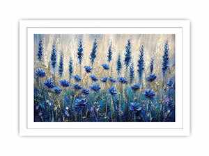 Abstract blue floral meadow painting with textured brushstrokes and soft neutral background