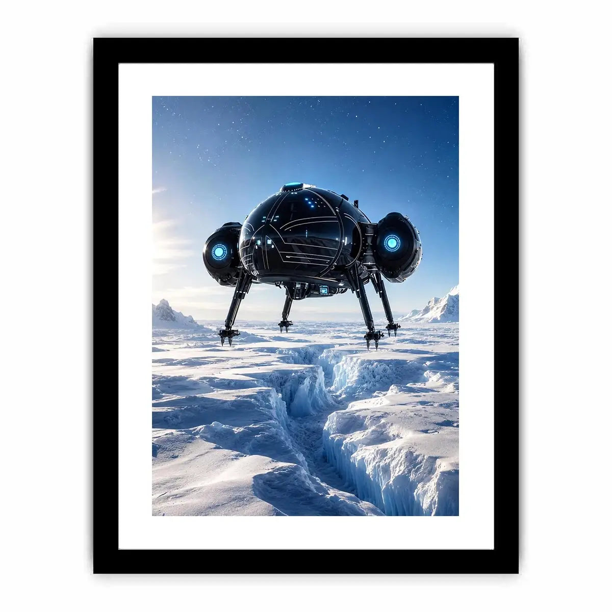 Futuristic spacecraft canvas wall art hovering above icy terrain with minimalist sci fi atmosphere