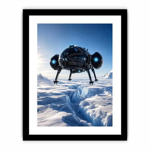 Futuristic spacecraft canvas wall art hovering above icy terrain with minimalist sci fi atmosphere