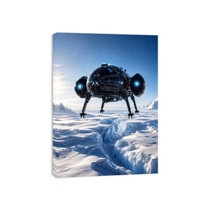 Futuristic spacecraft canvas wall art hovering above icy terrain with minimalist sci fi atmosphere