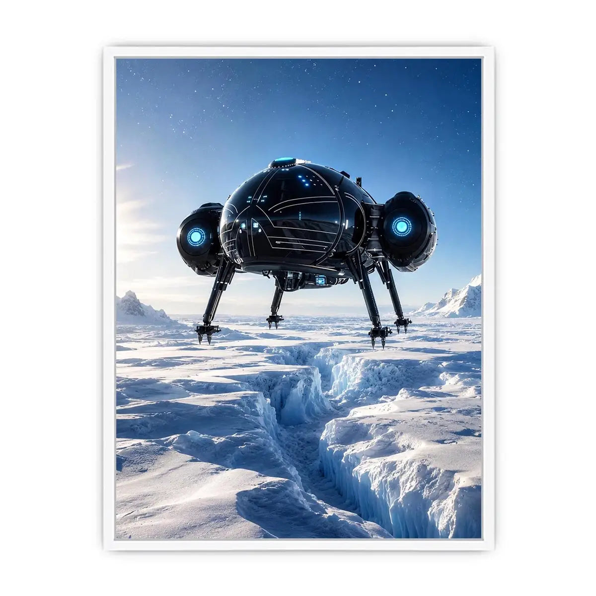 Futuristic spacecraft canvas wall art hovering above icy terrain with minimalist sci fi atmosphere