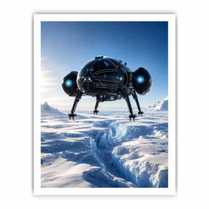 Futuristic spacecraft canvas wall art hovering above icy terrain with minimalist sci fi atmosphere