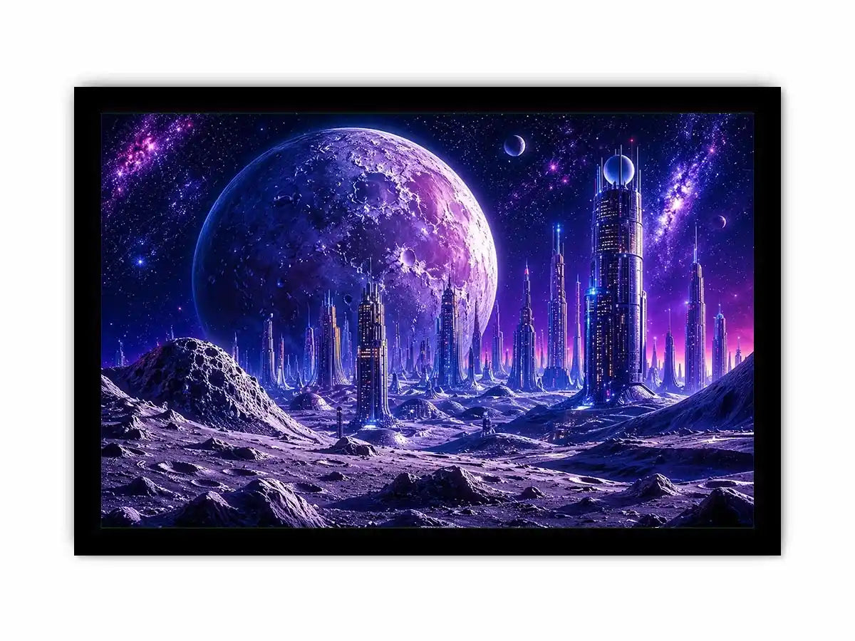 Futuristic lunar cityscape canvas wall art with towering sci fi skyline beneath a glowing cosmic moon