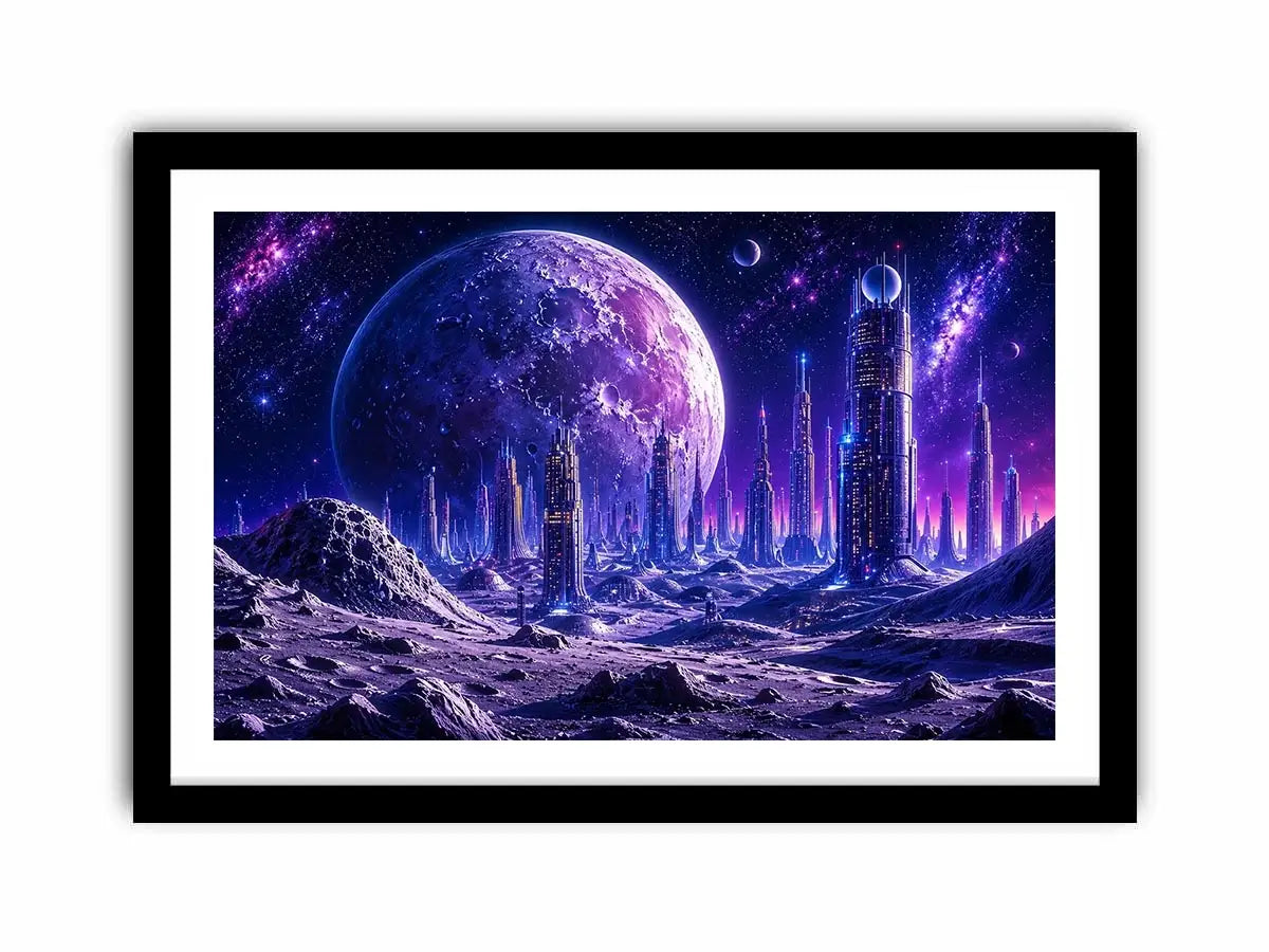 Futuristic lunar cityscape canvas wall art with towering sci fi skyline beneath a glowing cosmic moon