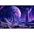 Futuristic lunar cityscape canvas wall art with towering sci fi skyline beneath a glowing cosmic moon