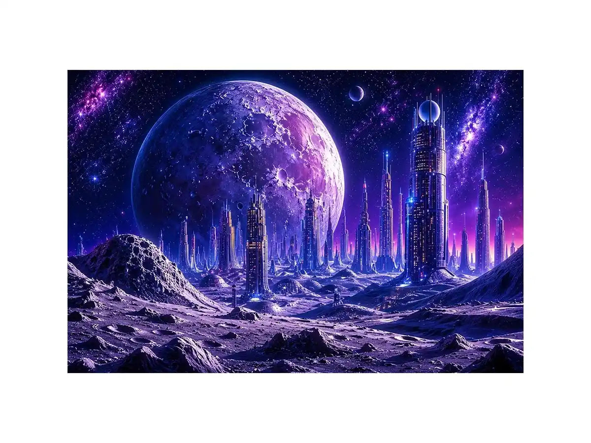 Futuristic lunar cityscape canvas wall art with towering sci fi skyline beneath a glowing cosmic moon
