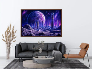 Futuristic lunar cityscape canvas wall art with towering sci fi skyline beneath a glowing cosmic moon