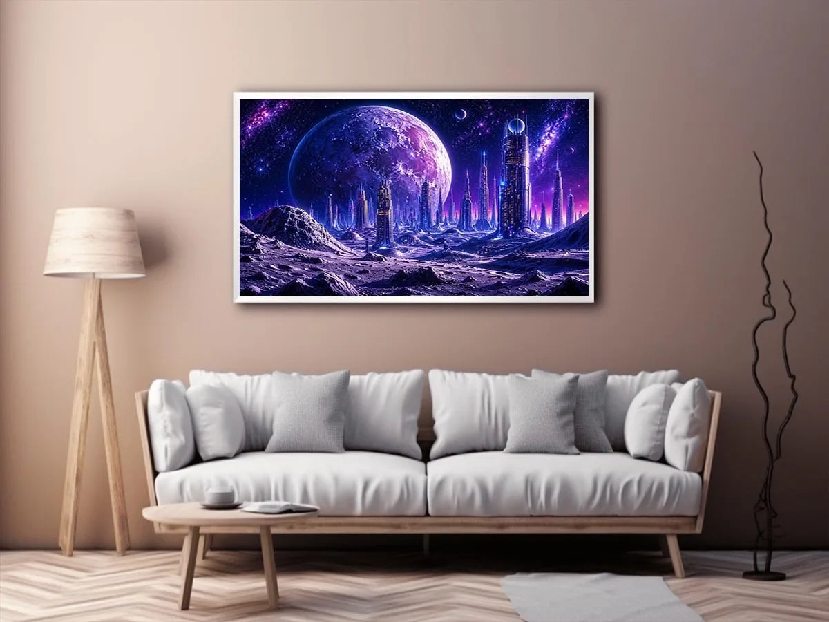 Futuristic lunar cityscape canvas wall art with towering sci fi skyline beneath a glowing cosmic moon