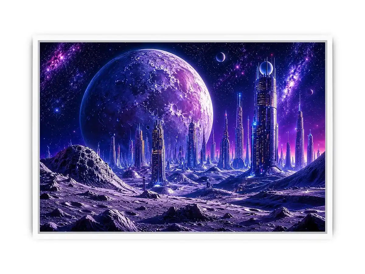Futuristic lunar cityscape canvas wall art with towering sci fi skyline beneath a glowing cosmic moon