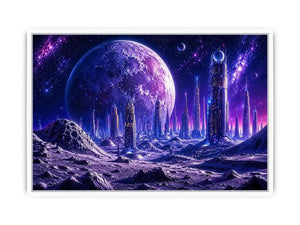 Futuristic lunar cityscape canvas wall art with towering sci fi skyline beneath a glowing cosmic moon