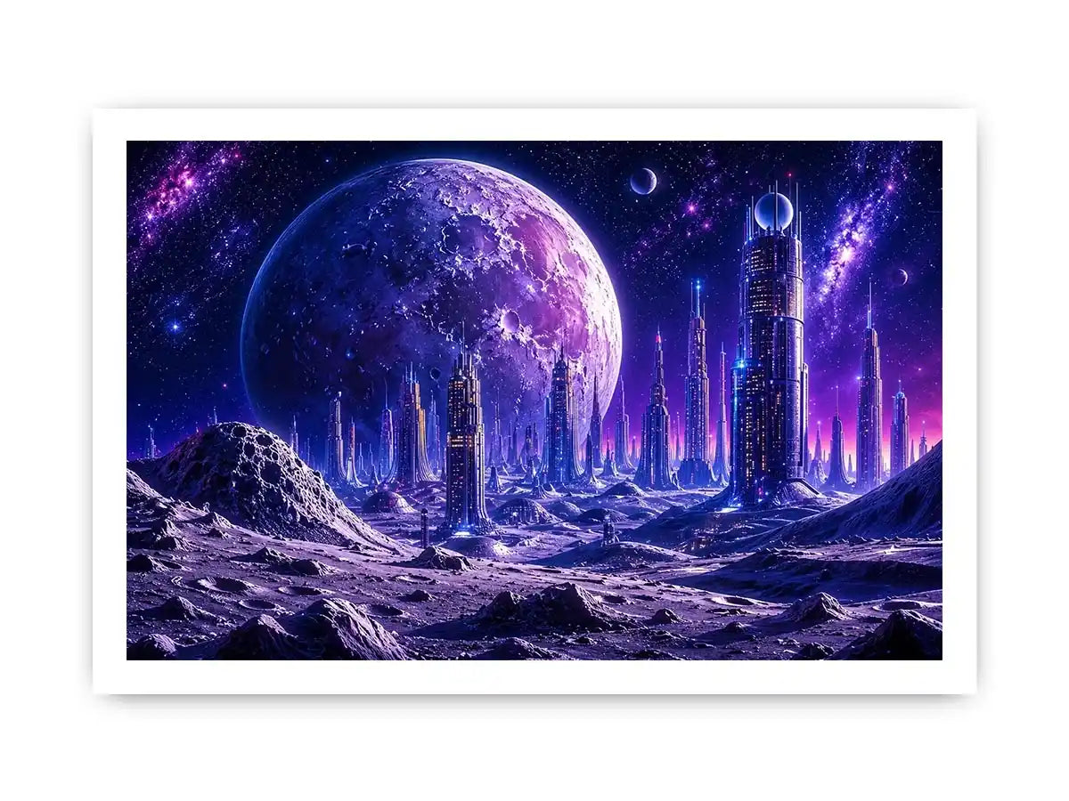 Futuristic lunar cityscape canvas wall art with towering sci fi skyline beneath a glowing cosmic moon