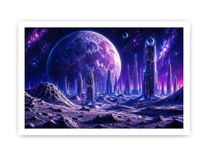 Futuristic lunar cityscape canvas wall art with towering sci fi skyline beneath a glowing cosmic moon