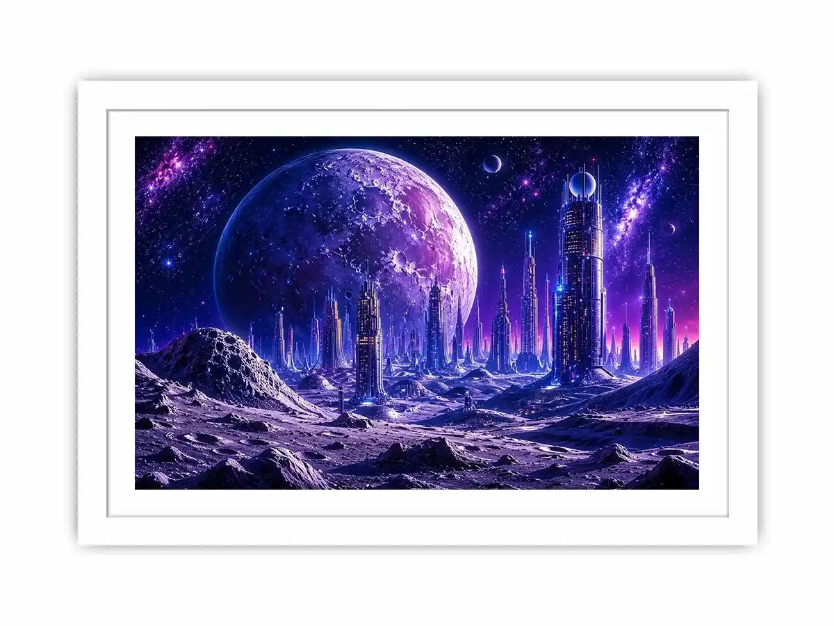 Futuristic lunar cityscape canvas wall art with towering sci fi skyline beneath a glowing cosmic moon