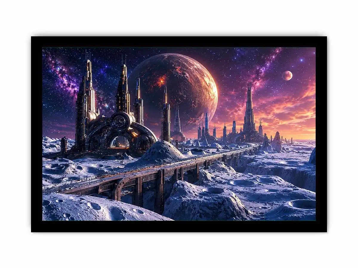 Futuristic lunar city wall art with cosmic planets and dreamy sci fi skyline canvas print