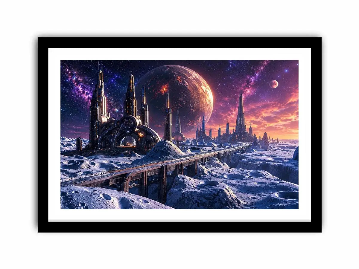 Futuristic lunar city wall art with cosmic planets and dreamy sci fi skyline canvas print