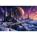 Futuristic lunar city wall art with cosmic planets and dreamy sci fi skyline canvas print