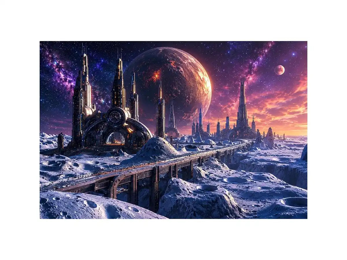 Futuristic lunar city wall art with cosmic planets and dreamy sci fi skyline canvas print