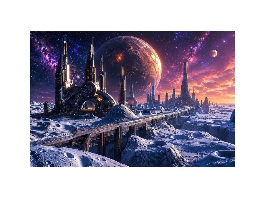 Futuristic lunar city wall art with cosmic planets and dreamy sci fi skyline canvas print