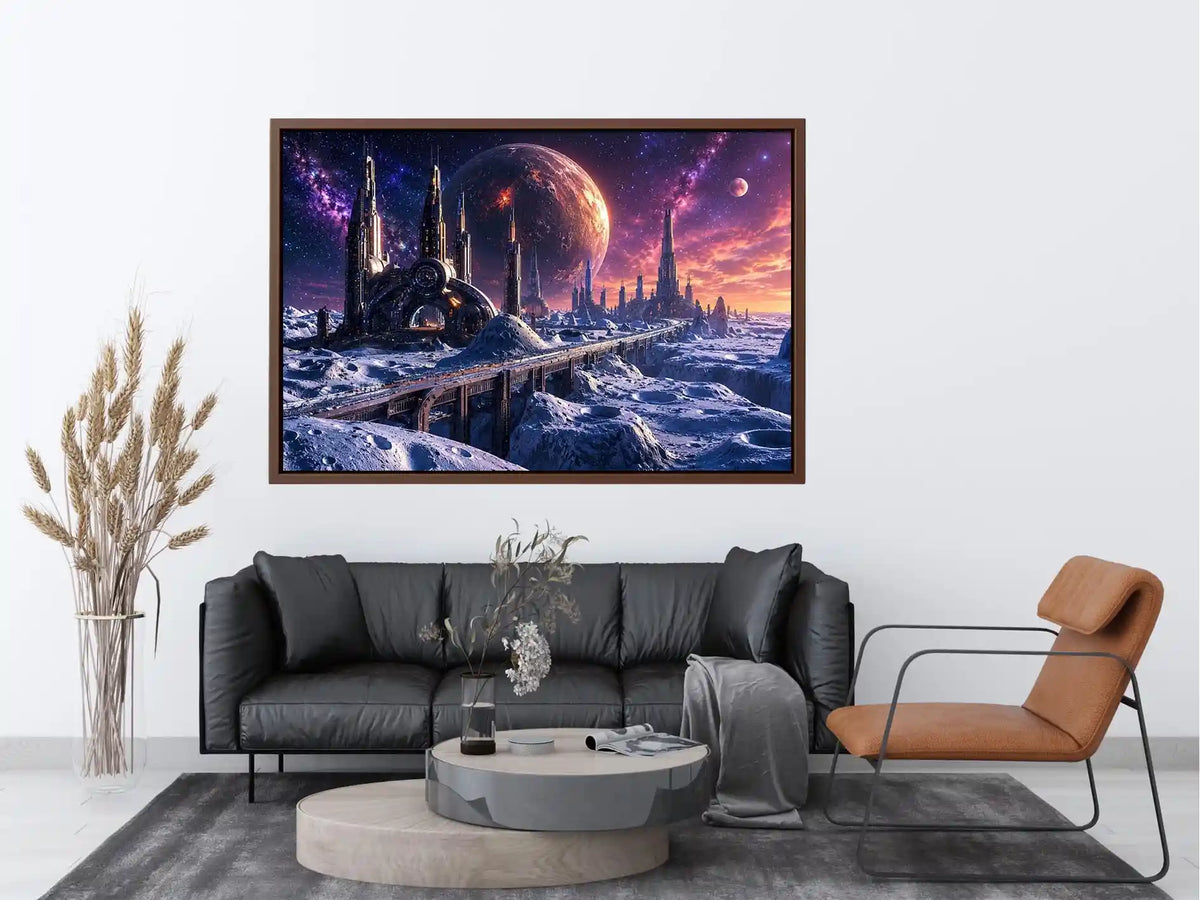 Futuristic lunar city wall art with cosmic planets and dreamy sci fi skyline canvas print