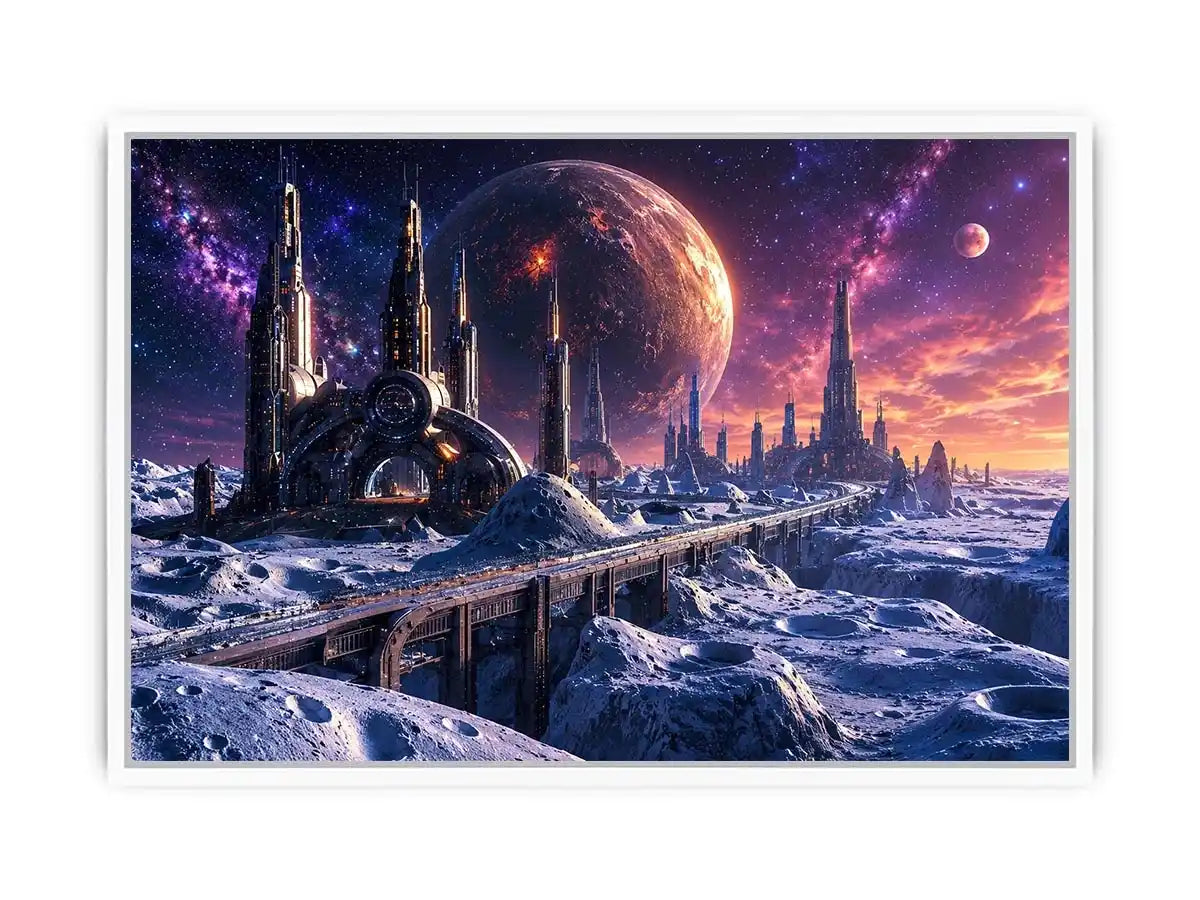 Futuristic lunar city wall art with cosmic planets and dreamy sci fi skyline canvas print