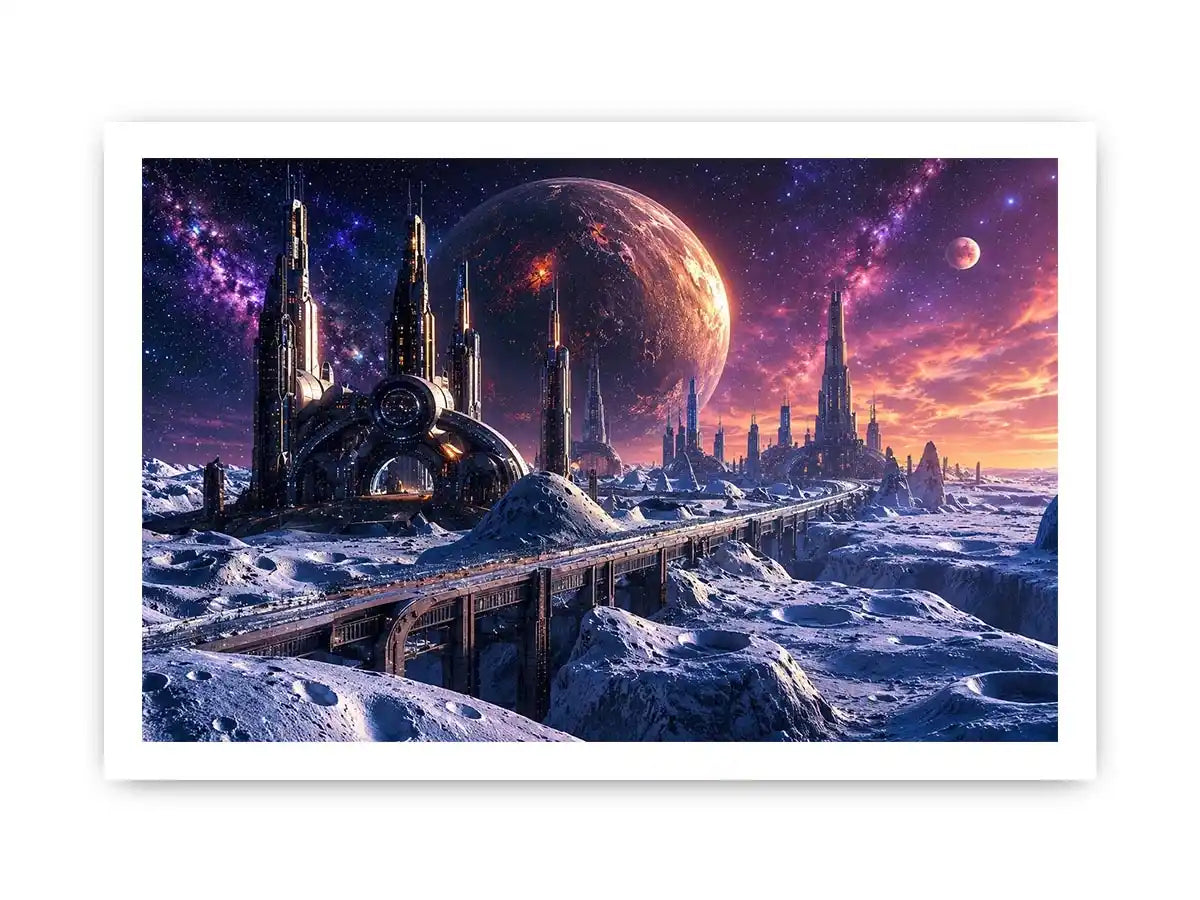 Futuristic lunar city wall art with cosmic planets and dreamy sci fi skyline canvas print