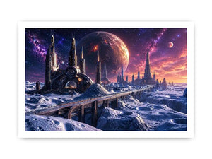Futuristic lunar city wall art with cosmic planets and dreamy sci fi skyline canvas print