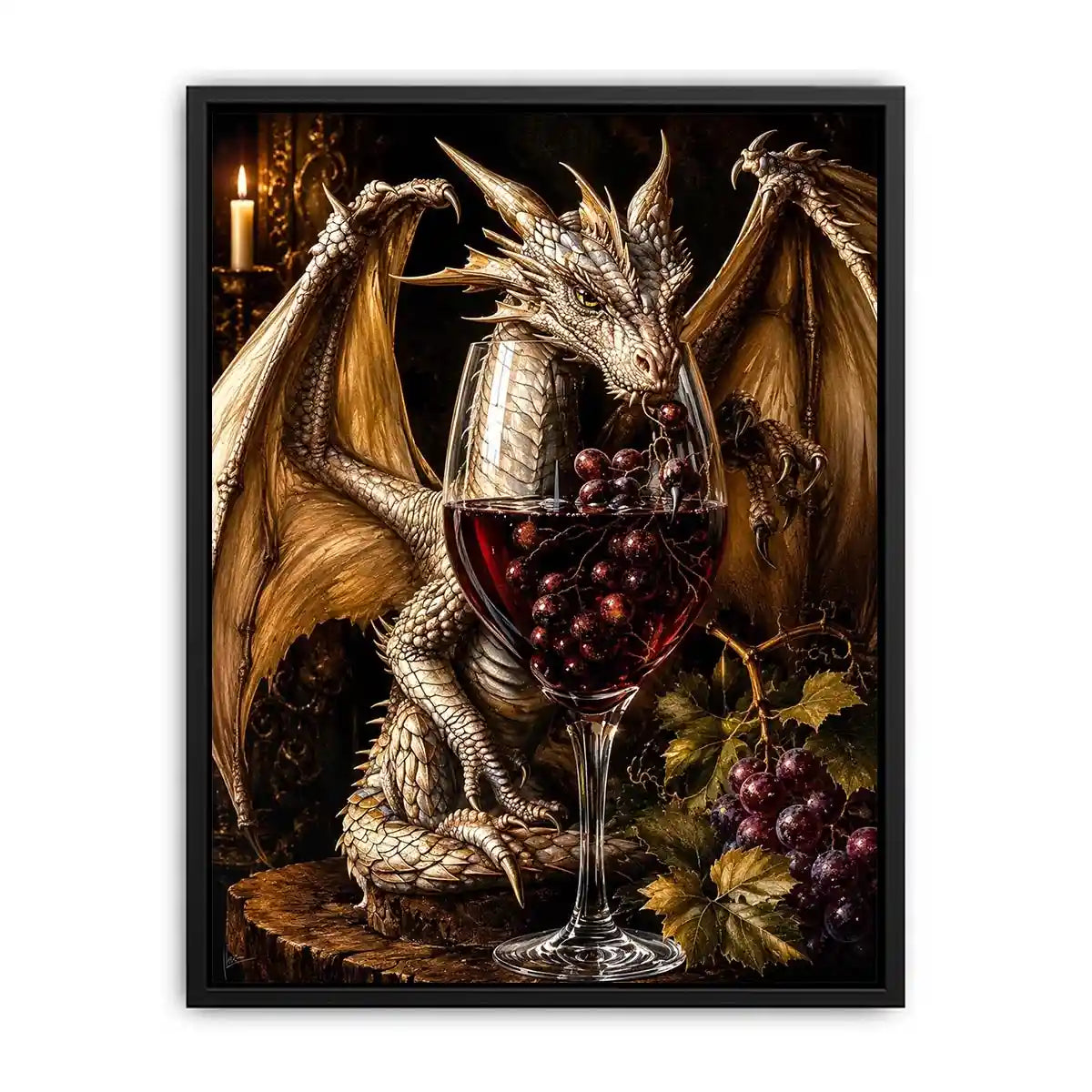 Fantasy dragon wine wall art with gothic medieval dragon and red wine glass canvas print