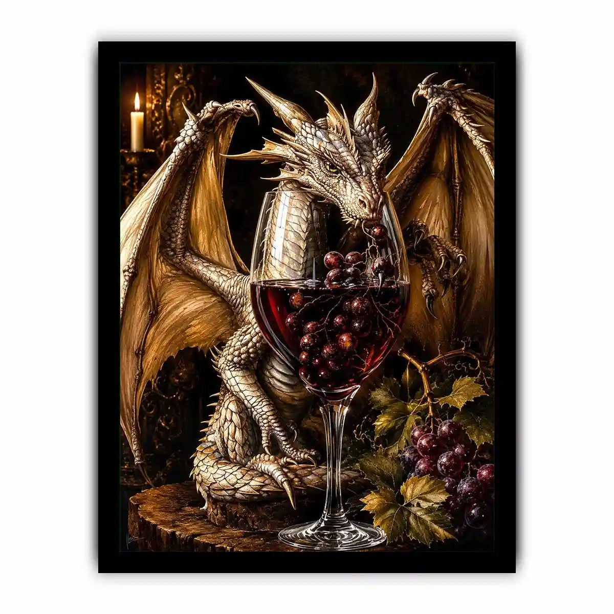 Fantasy dragon wine wall art with gothic medieval dragon and red wine glass canvas print