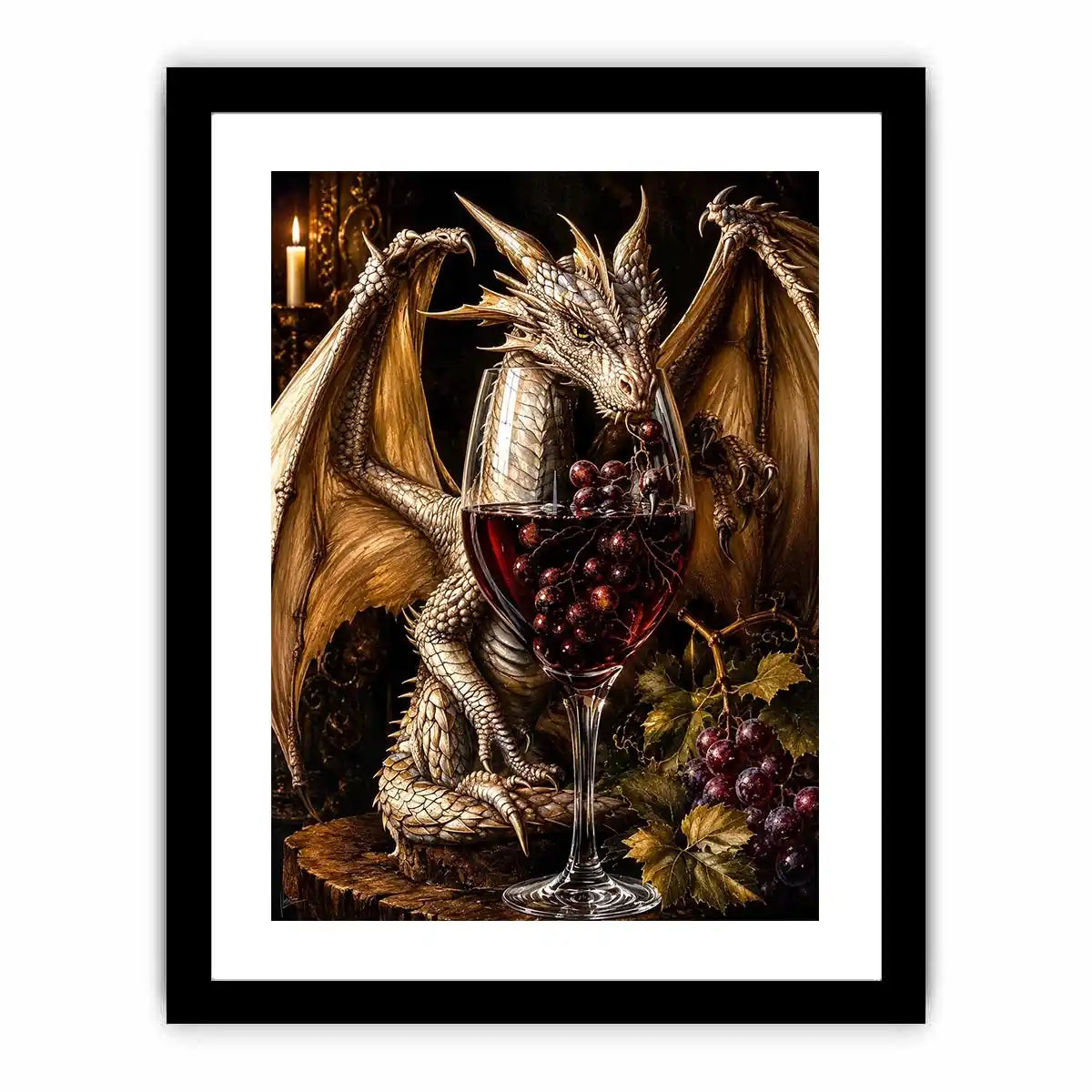 Fantasy dragon wine wall art with gothic medieval dragon and red wine glass canvas print