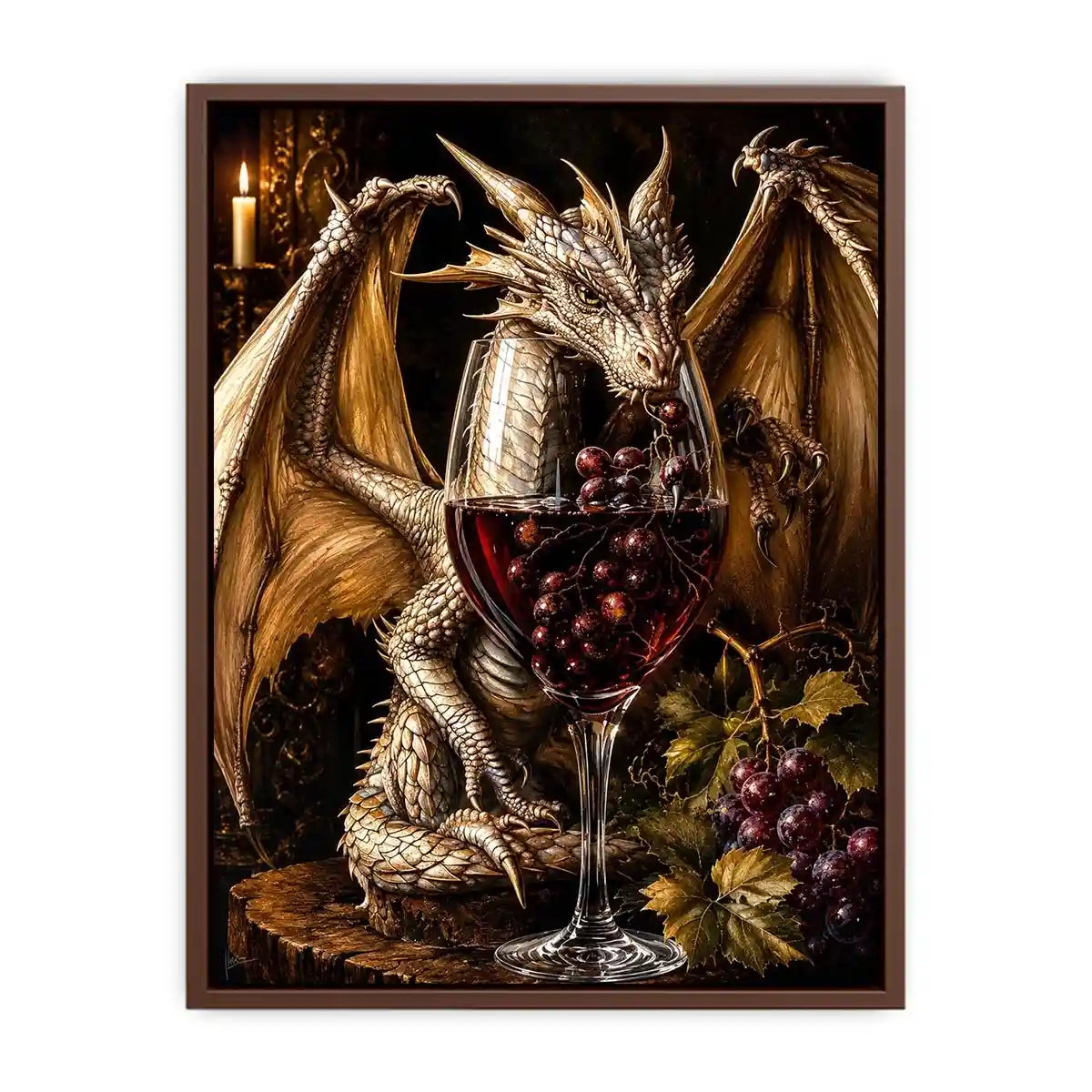 Fantasy dragon wine wall art with gothic medieval dragon and red wine glass canvas print