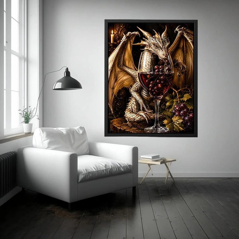 Fantasy dragon wine wall art with gothic medieval dragon and red wine glass canvas print