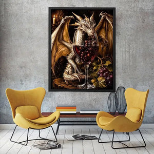 Fantasy dragon wine wall art with gothic medieval dragon and red wine glass canvas print