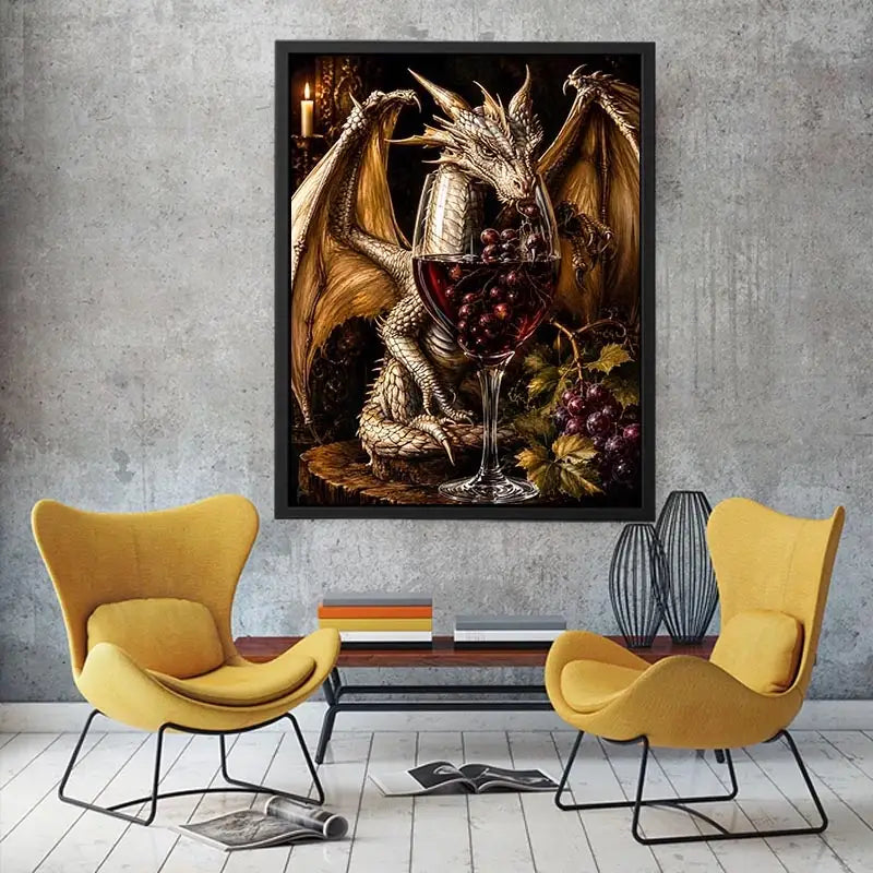 Fantasy dragon wine wall art with gothic medieval dragon and red wine glass canvas print