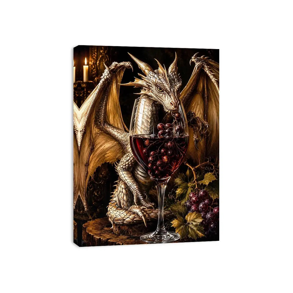 Fantasy dragon wine wall art with gothic medieval dragon and red wine glass canvas print