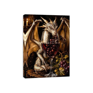 Fantasy dragon wine wall art with gothic medieval dragon and red wine glass canvas print