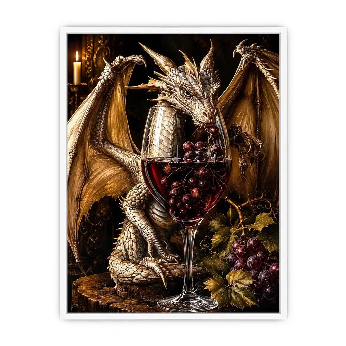 Fantasy dragon wine wall art with gothic medieval dragon and red wine glass canvas print