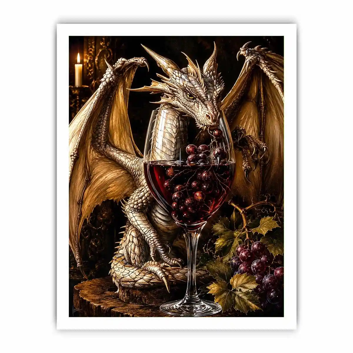 Fantasy dragon wine wall art with gothic medieval dragon and red wine glass canvas print
