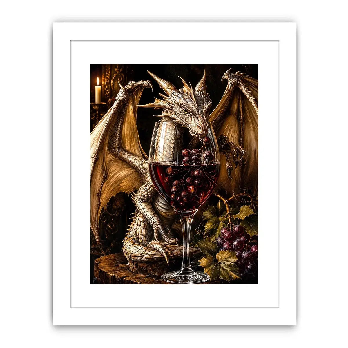 Fantasy dragon wine wall art with gothic medieval dragon and red wine glass canvas print