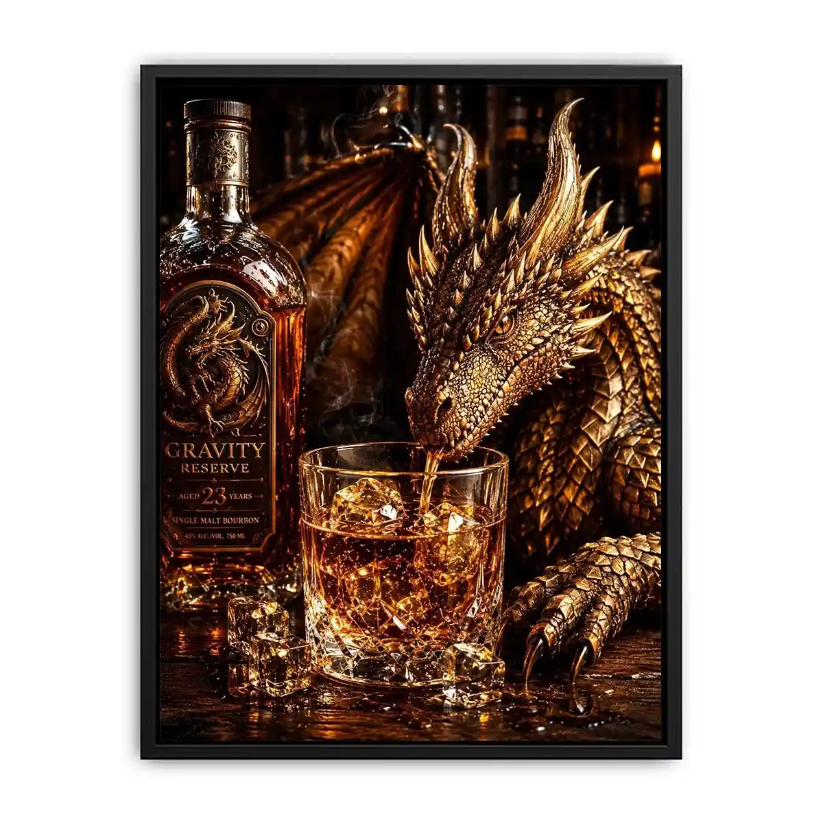 Fantasy dragon whiskey wall art with cinematic dragon drinking bourbon beside luxury bar bottle canvas print